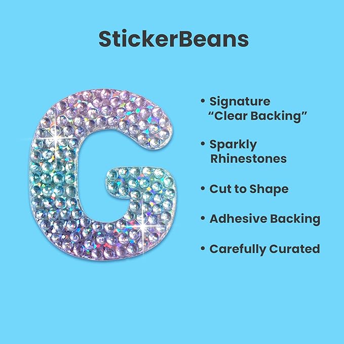 StickerBeans® Rhinestone Alphabet Letter Sticker G - Unique Sparkly Design 2” x 2” Cut-to-Shape Adhesive - Personalization, Collecting, Gifting, Scrapbooking, Decorating Laptops, Phone Cases, All Ages