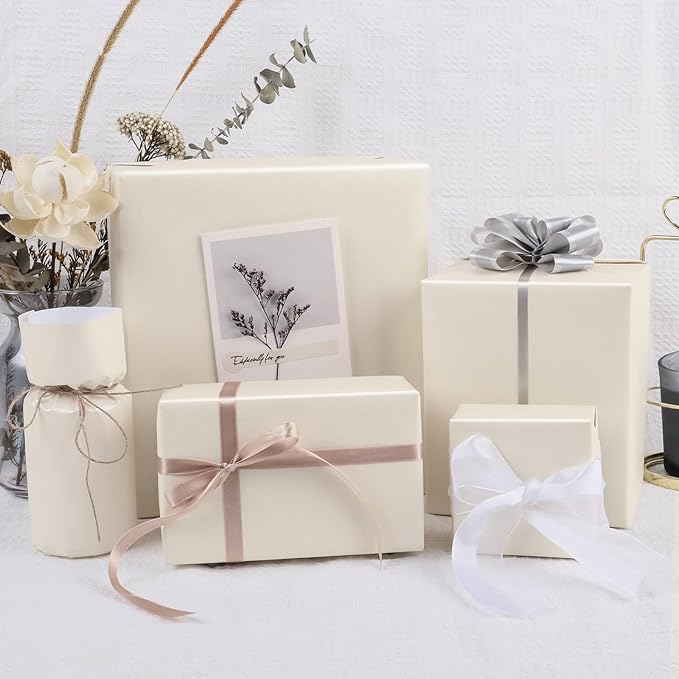 NESCCI Off white Matte Wrapping Paper,Solid Color Pearly-Lustre Paper-3 Roll,17 Inches X 32.8 Feet Per roll.Gift Wrapping Paper,Perfect for Wedding,Birthday, Christmas,DIY Bouquet