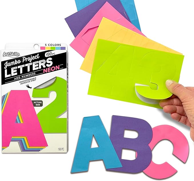 ArtSkills Poster Letters 4” Paper Letters for Poster Board Projects, Classroom Bulletin Boards, Sign Making Supplies, Neon, 190 Pieces