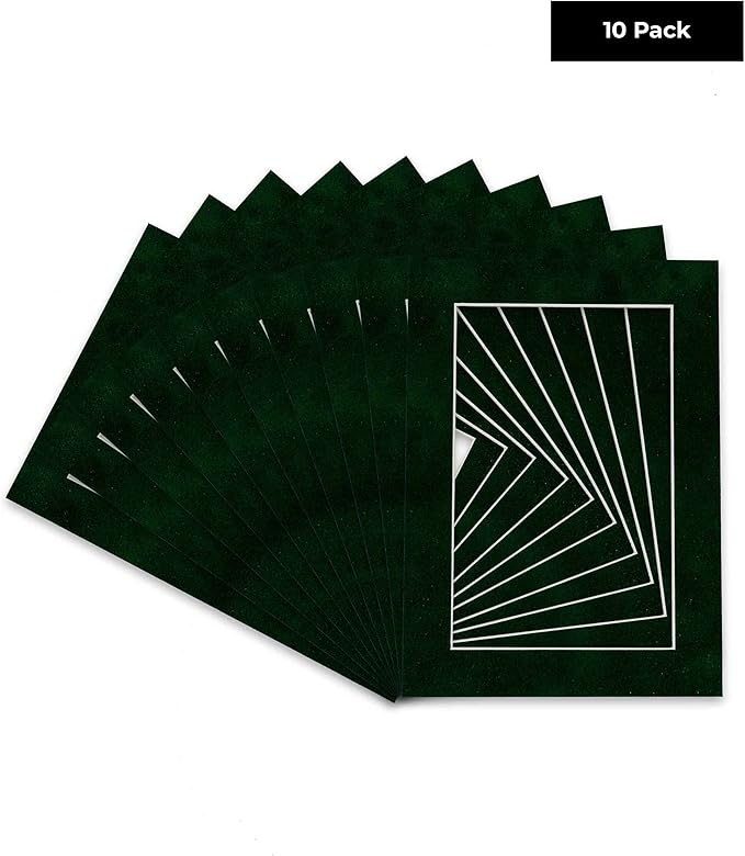 Pack of TEN 11x14 Mats Bevel Cut for 8.5x11 Photos - Acid Free Green Suede Precut Matboards For Pictures, Photos, Framing - 4-ply Thickness