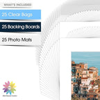 Mat Board Center, Pack of 25, 16x20 for 11x14 White Picture Mat Sets - Acid Free, 4-ply Thickness, Bevel Pre-Cut White Core - Includes Backing Boards and Clear Bags - for Pictures, Photos, Framing