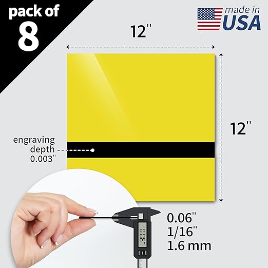 Trotec TroLase | 12"x12"x1/16", 8 Pcs | Yellow/Black | 2 Ply | Modified Acrylic | Laser Engraving Double Color Plastic Sheet | Engraving Blanks for Laser, Saw, Guillotine | Made in USA