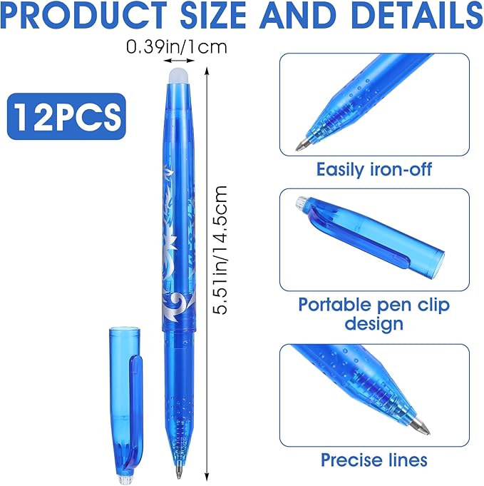 12pcs Heat Erasable Pens for Fabric, Fabric Marking Pens Fabrics Markers No Ghost Lines, Disappearing Ink for Precise Marking for Quilting Sewing Embroidery DIY Dressmaking Fabrics Tailors Chalk