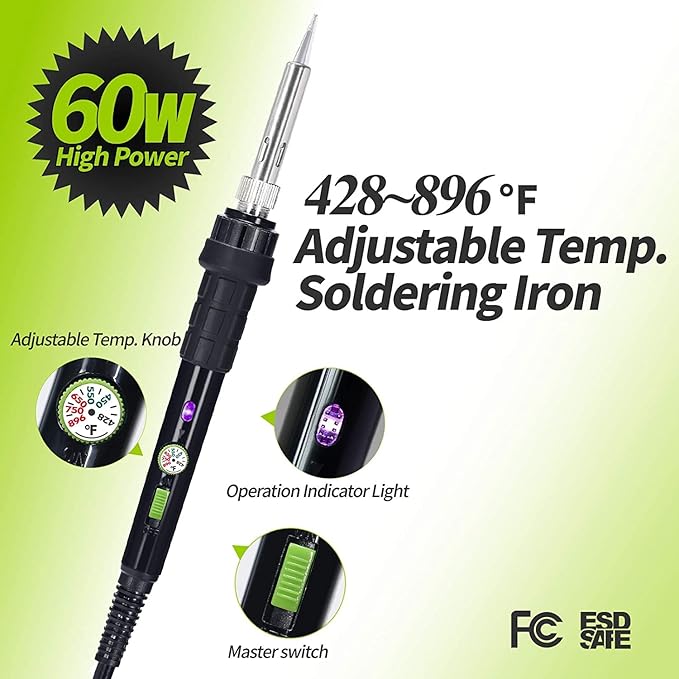 YIHUA 947-III 60W Soldering Iron Kit Temperature Adjustable 428-896°F 2-IN-1 Soldering Kit with Simple Soldering Iron Stand and Cleaning Sponge 110V US Power Plug