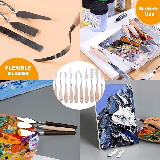 Paint Knife Set - 10pcs Stainless Steel Spatula Palette Knife Painting Tools Metal Knives Wood Handle with Different Shapes and Sizes for Oil Painting, Acrylic Mixing