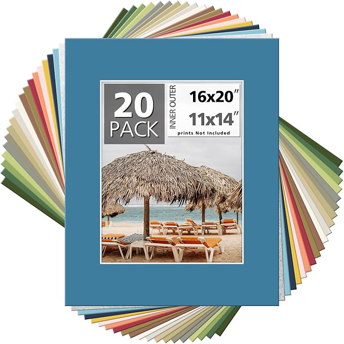 Mat Board Center, Pack of 20, 16x20 Mixed Colors White Core Picture Mats Mattes Matting for 11x14 Photo