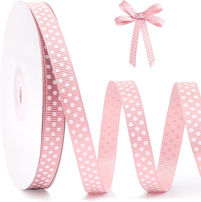 Polka Dot Grosgrain Ribbon 3/8 Inch, 25 Yards Spool Pink and White Dot Craft Ribbon for Christmas Gift Wrapping DIY Crafts Hair Bows Wedding Party Decor Sewing and Home Decoration