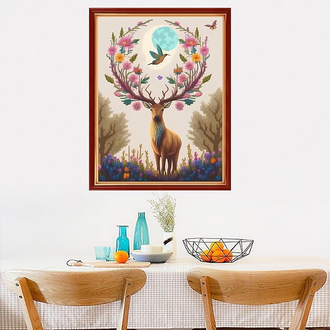 Dimensean Stamped Cross Stitch Kits Full Range of Embroidery Patterns Starter Kits for Beginners Adult or Kids DIY Cross Stitches Needlepoint Kits 11CT-Flower Elk 15.7x19.7 inch