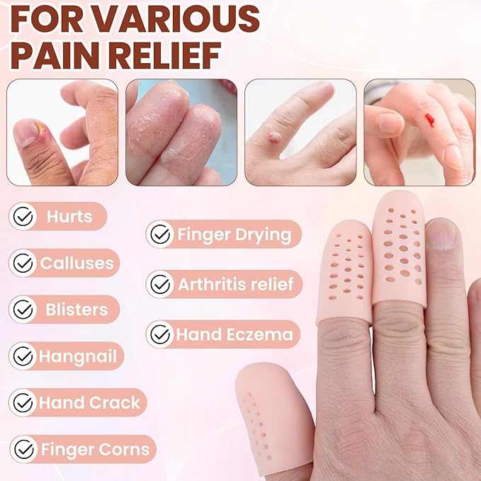PAGOW 10pcs Gel Finger Cots/Covers, Silicone Finger Protector Support, Finger Caps Finger Sleeves Thumb Protector for Finger Cracking Trigger Finger Arthritis Pain Relief (Beige, Small)