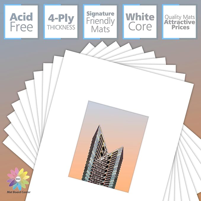 MBC MAT BOARD CENTER, 10 Pack 16x20 for 8x10 White Picture Mats Frame Mattes, Bevel Cut, Acid Free, 4-ply Thickness