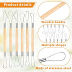 6Pcs Clay Sculpting Tools Ceramic Pottery Clay Ribbon Sculpting Tools Wooden Handle Sculpting Tools Kit Pottery Trimming Detail Tool Wire Loop Sculpture Set for Wax Carving Modeling