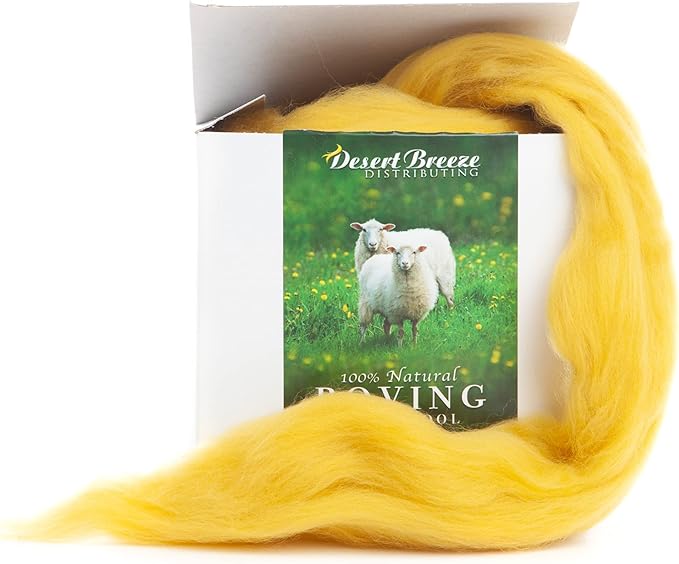 Desert Breeze Distributing – 100% Natural Merino Wool Roving, Wool for Spinning, Tapestry Yarn, Needle Felting, Wet Felting, Big Yarn Roving, 19 Micron, 70mm Staple Length, 8 OZ Size, Mustard Yellow