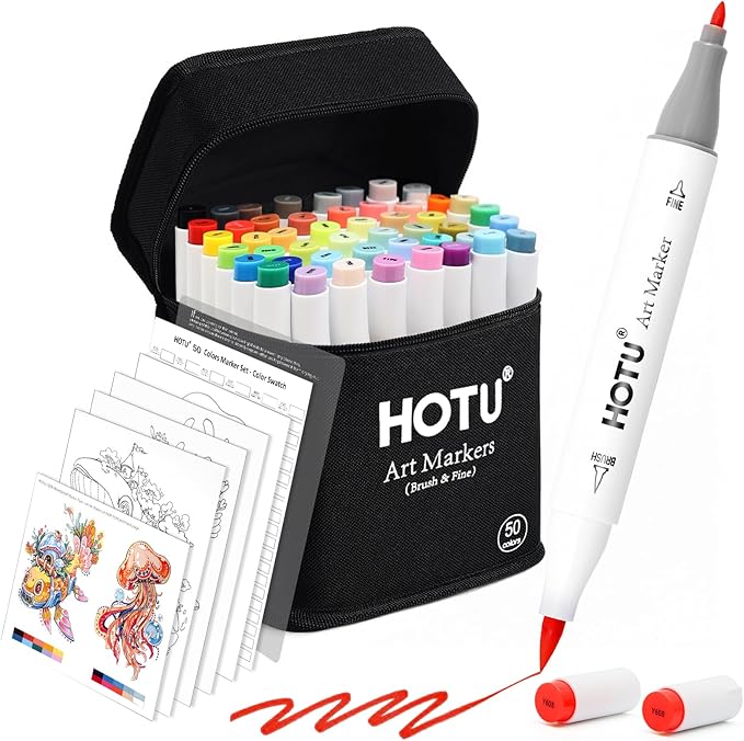 Alcohol Markers Brush and Fine Tip 50 Colors Dual Tips Art Marker Set Alcohol-based Sketch Pens with Carrying Case，Non-Bleeding Pad for Art Enthusiast Adults Coloring Illustration