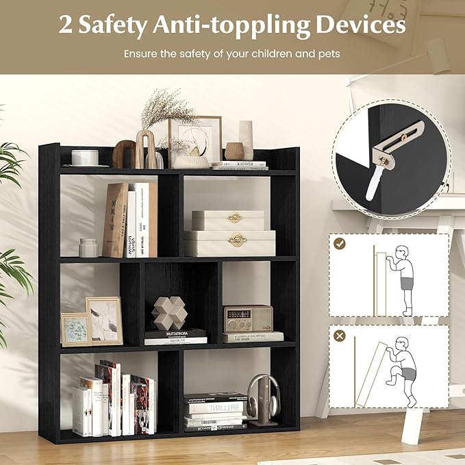 Giantex 7 Cubes Bookshelf, Free-Standing Wooden Bookcase, 4 Tier Home Display Shelf, Horizontal Storage Unit w/Anti-Toppling Devices, Open-Back Display Rack for Study, Living Room (2, Black)