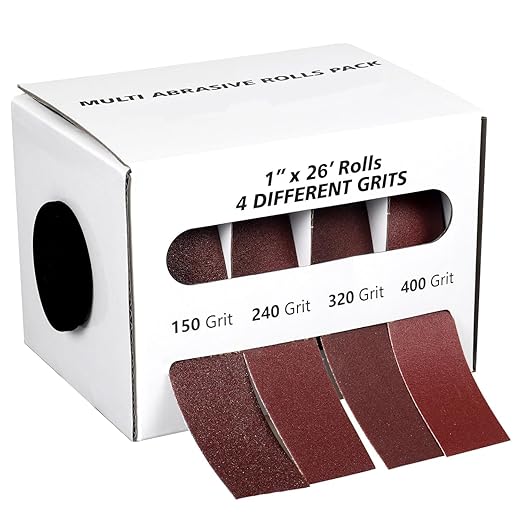 Emery Cloth Roll,4 Grits 1'' x 26FT Abrasive Sandpaper Roll with Dispenser,150 240 320 400 Grit Sand Assortment,Sanding Paper & Sand Paper Sheets for Metal Auto Wood Dry & Wet Polishing.(4Rolls 26FT)