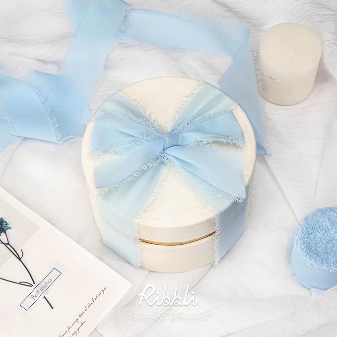 Ribbli Baby Blue Chiffon Ribbon 1-1/2 inch x 20 Yard Handmade Fringe Chiffon Silk Ribbon, Light Blue Ribbon for Wedding Invitations, Bridal Bouquets Wrapping, Flower Arrangement Decoration