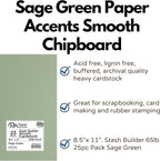 PA Paper Accents Stash Builder Cardstock Pack 8.5" x 11" Sage Green, 65lb colored cardstock paper for card making, scrapbooking, printing, quilling and crafts, 25 pieces