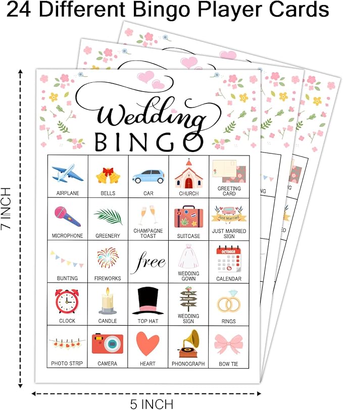 Wedding Party Bingo Game Cards(24 Players), Bridal Shower Bingo Card for Family Friend Adult, Large Group Holiday Engagement Party Activity Favor Decoration Supplies -001