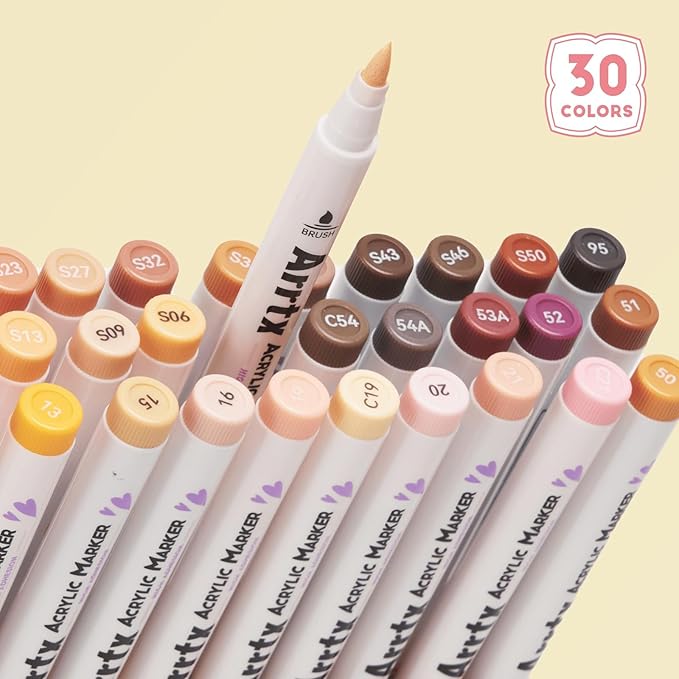 Arrtx 30 Colors Skin Color Acrylic Paint Pens, Skin Tone Paint Markers Paint Pens for Artists Adults Coloring Drawing Brush Tip for Rock Painting, Wood, Canvas, DIY Crafts Making Art Supplies