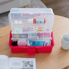 MyGift 13-Inch Dark Pink Plastic Craft Organizer and Storage Box – Clear Carrying Case with Latching Lid & 2 Expandable Trays for Sewing, Tools, First Aid, and Art Supplies