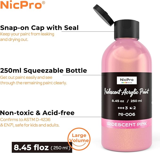 Nicpro Iridescent Pink Acrylic Paint, 8.45oz / 250ml Large Bottle Pink Metallic Acrylic Paint, Color Shifting & Non-Toxic Art Painting Supplies For Craft Canvas Fabric Rock Wood Ceramic Metal