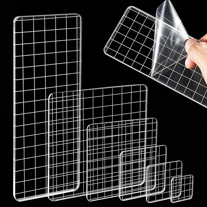 6PCS Acrylic Stamp Block with Grid Lines, Clear Stamping Blocks Tool Decorative Stamp Blocks Square Display Block Set Props for DIY Crafts Scrapbooking Card Making