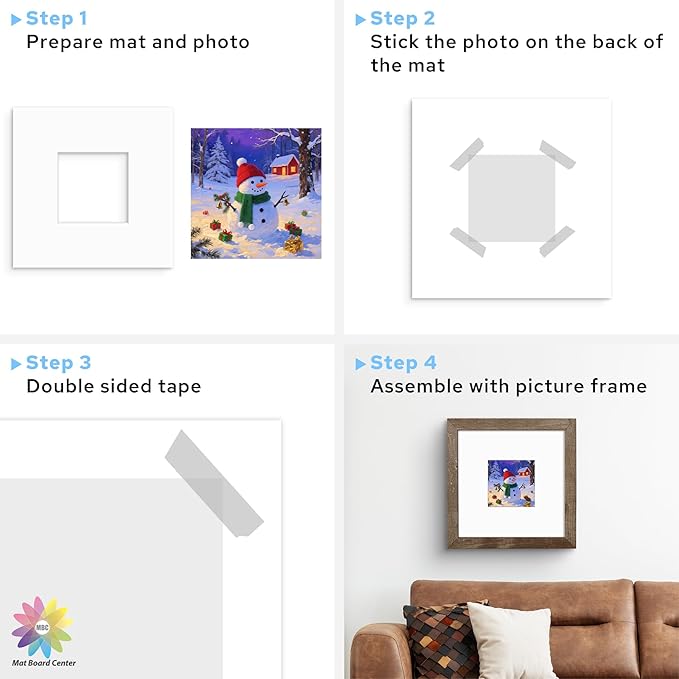 Mat Board Center, 8x8 White Mats for 4x4 Pictures - Acid Free, 4-ply Thickness, White Core, Bevel Cut - for Artworks, Photos, Framing - Pack of 12