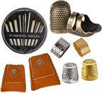 8 Pcs Thimble + 30 Pcs Sewing Needles, Finger Protector Fingertip Adjustable Metal Bronze Rings and Leather Coin Thimble for Needlework, Hand Embroidery Craft