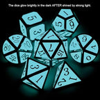 Haxtec Glow in The Dark Metal Dice Set D&D Glowing Blue Silver W/Dragon Dice Bag 7 Die D&D Dice Set Compatible with Dungeons and Dragons RPG