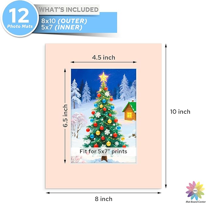 Mat Board Center, 8X10 Mix Color Mats for 5X7 Pictures - Acid Free, 4-Ply Thickness, White Core, Bevel Cut - for Artworks, Photos, Framing - Pack of 12