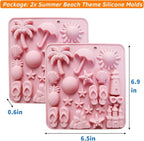 Summer Beach Theme Chocolate Molds, 2PCS Summer Party Fondant Candy Jelly Baking Ice Cube Silicone Molds, Coconut Tree Sun Shell Starfish Marine Cake Decor Mold, Unique Resin Candle Soap Mold