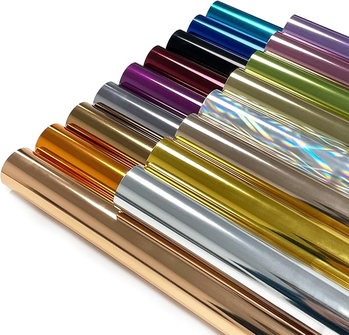 Sheet Metallic Foil Heat Transfer Vinyl Bundle – 12"x10"-17 Chrome HTV Pack in 17 Vibrant Colors for Stunning T-Shirt Designs! Perfect for DIY Enthusiasts and Professionals (Multicolours)