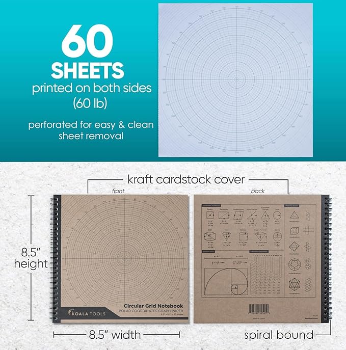 KOALA TOOLS - Circular Grid Sketchbook with Polar Coordinate Graph Paper, Polar Grid for Circular Designs, Mandala, and Geometric Patterns, 8.5 x 8.5 inches, 60 pages - Pack of 3