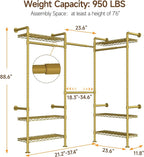 L3 Industrial Pipe Closet Organizer System, Wall Mounted Clothes Rack Clothing Racks with 4 Telescopic Rods & 6 Shelves , Heavy Duty Closet System in Wardrobe Closet (Gold)