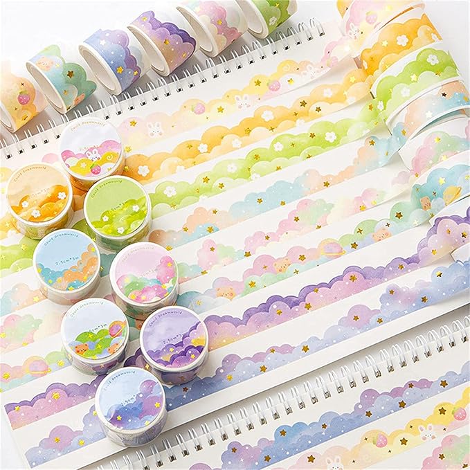 8 Rolls Washi Tape Set, Dream Clouds Gold Foil Decorative Tape, Decorative Adhesive Tape for Scrapbook, Arts & Crafts, Journals, 25mm x 3m