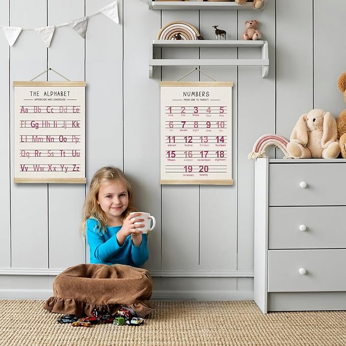 Alphabet and Numbers Wall Chart Set of 2 ,Kids Educational Posters,ABC and 1-20 Number Learning Banners for Toddlers, Preschool Classroom, Homeschool, Nursery, Playroom Decor 14 x 18.5 Inch(Pink)
