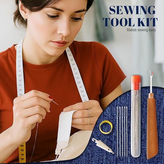 Big Eye Steel Sewing Needles Kit, 37PCS Sewing Tool Set, Portable Needle and Thread Kit for Leather Sewing DIY Craft Set, Large-Eye Stitching Needles Sewing Repair Kit for Beginners, Older