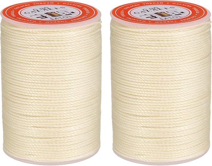 uxcell Round Leather Sewing Waxed Thread, 55m / 60 Yards Polyester Wax String, 0.80mm Wax Stitching Cord for Leather Crafts, Bookbinding, Bracelets Braided, Light Beige, 2pcs
