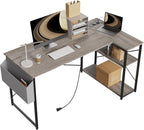 TIQLAB L Shaped Computer Desk with Power Outlets, 40 Inch Small Corner Desk with Reversible Shelves, Gaming Desk Computer Table Study Writing Desk for Home Office Small Space, Gray