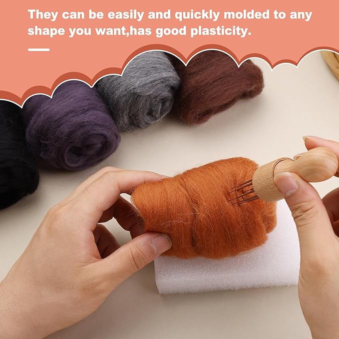 Wonvoc Needle Felting Wool 2.82 OZ (80 g), 8 Colors Wool Roving, Felting Wool Bulk, Wool Roving for Needle Felting, for DIY Craft Materials, White, Black, Brown