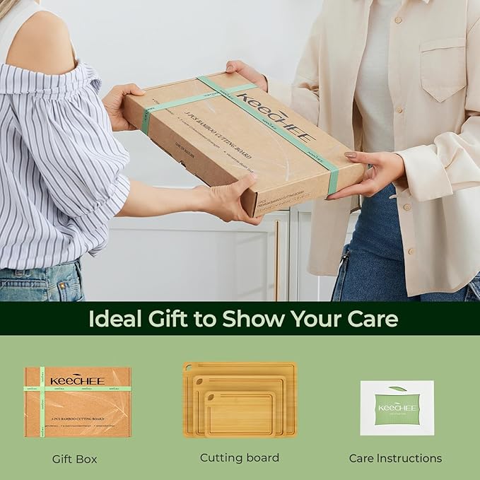Wood Cutting Board for Kitchen - Reversible Bamboo Cutting Boards Gift Set of 3 with Juice Groove, Wooden Chopping Board for Meat, Fruit, Vegetables & Cheese (Pre Oiled, Natural)