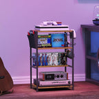 4-Tier AV Media Stand,Game Console Stand with 4 Hooks and Fabric Bags,DVD Shelf,Media Storage Cabinet,Audio Rack Record Player Stand Small Entertainment Center for Home Dorm, Apartment