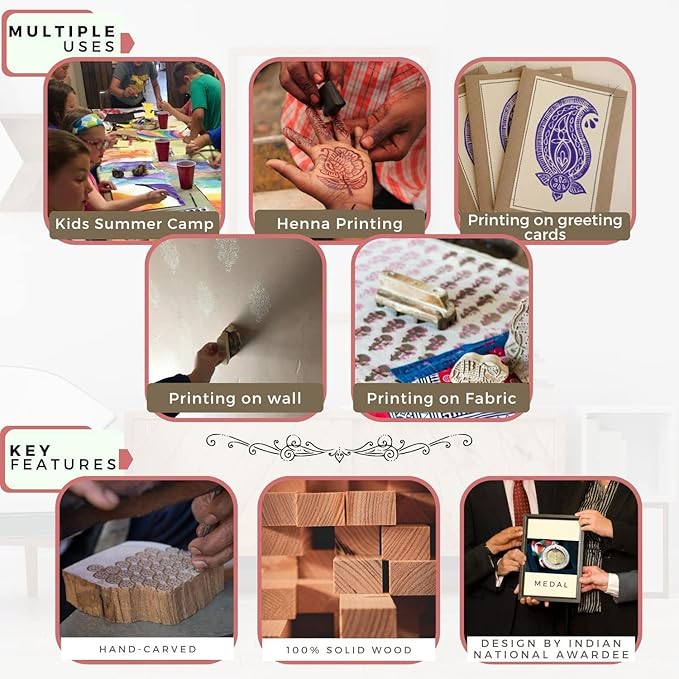Handcarved Wooden Block Stamp for Printing Scrapbooking/Wooden Stamps for Project Designing/Fabric Textile/Clay/Pottery Craft/Tattoo | Set of 5 | Hashcart®