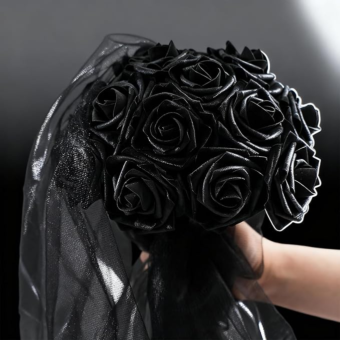 Artificial Flowers Foam Fake Roses 25pcs Black Roses with Stems for Home Decor DIY Wedding Bouquets Party Bridal Shower Centerpieces Faux Flower Arrangements Tables Decorations