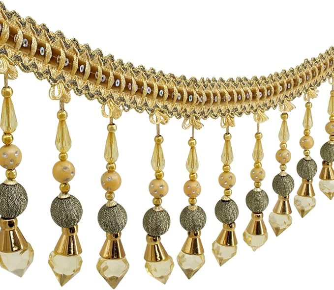 3yards Beading Fringe Trimming Long Beads Tassel Curtain Trim Ribbon Trim for Cover Edge Decorative (Gold)