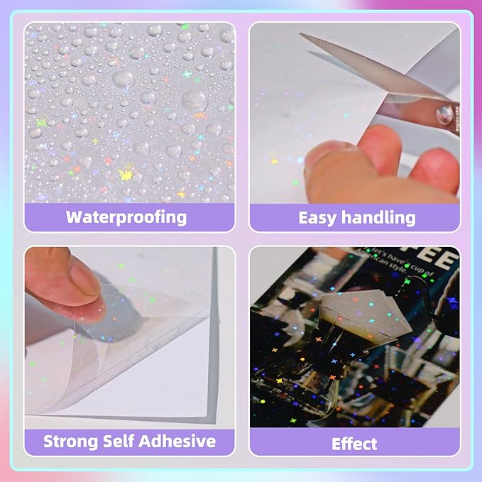 36 Sheets Holographic Sticker Paper, Transparent Holographic Vinyl Laminate Film, Clear Overlay Lamination Sticker Paper Self Adhesive Waterproof - Gem, Dot, Colorful, Star Patterns/8.5x11 inch