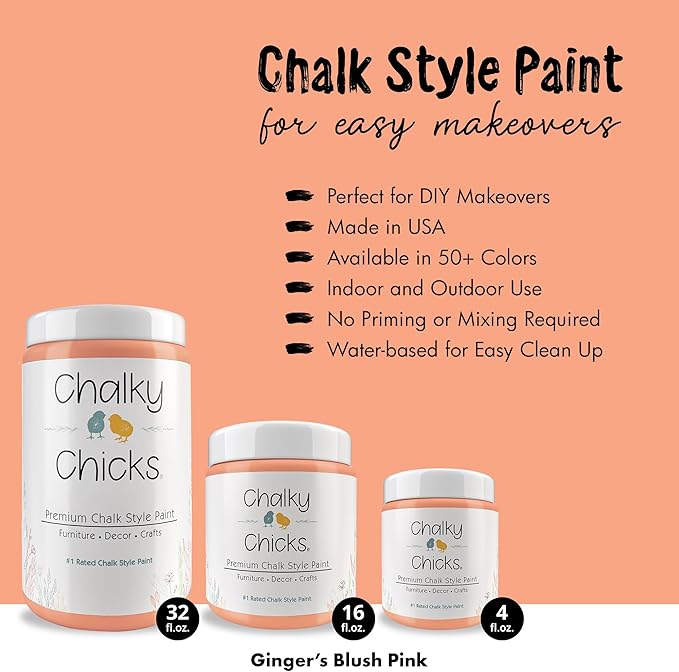 Chalky Chicks All-in-One Chalk Paint for Furniture or Cabinet - 16 Fl Oz - Matte Finish Gingers Blush Pink for Metal, Wood Furniture Paint - No Sanding All-in-One for Home Decor & Crafts, USA Made
