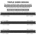 Architectural Scale Ruler Set, 2 Pack 12 Inch Aluminum Architect Ruler with Standard Metal Ruler, Imperial Architect Triangular Ruler with Etching for Architects, Engineers, Students and Draftsman