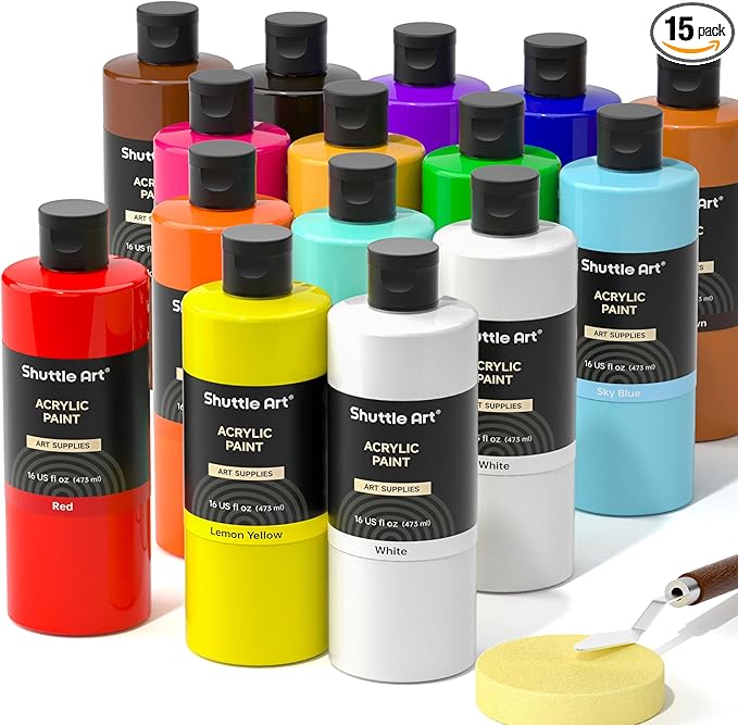 Shuttle Art Acrylic Paint, 15 Pack Acrylic Paint Large Bottle Set, 473ml/16oz Each, 14 Unique Colors and 1 More White, High Viscosity Art Paint for Artists, Beginner & Kids on Rocks Canvas WoodCeramic