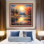 DMCXART Counted Cross Stitch Kits for Adults Needlepoint Kits Unprinted Cross Stitching Embroidery Kit 11CT Cross Stitch Supplies-Sunrise Scenery by The Lake 18x18 inch